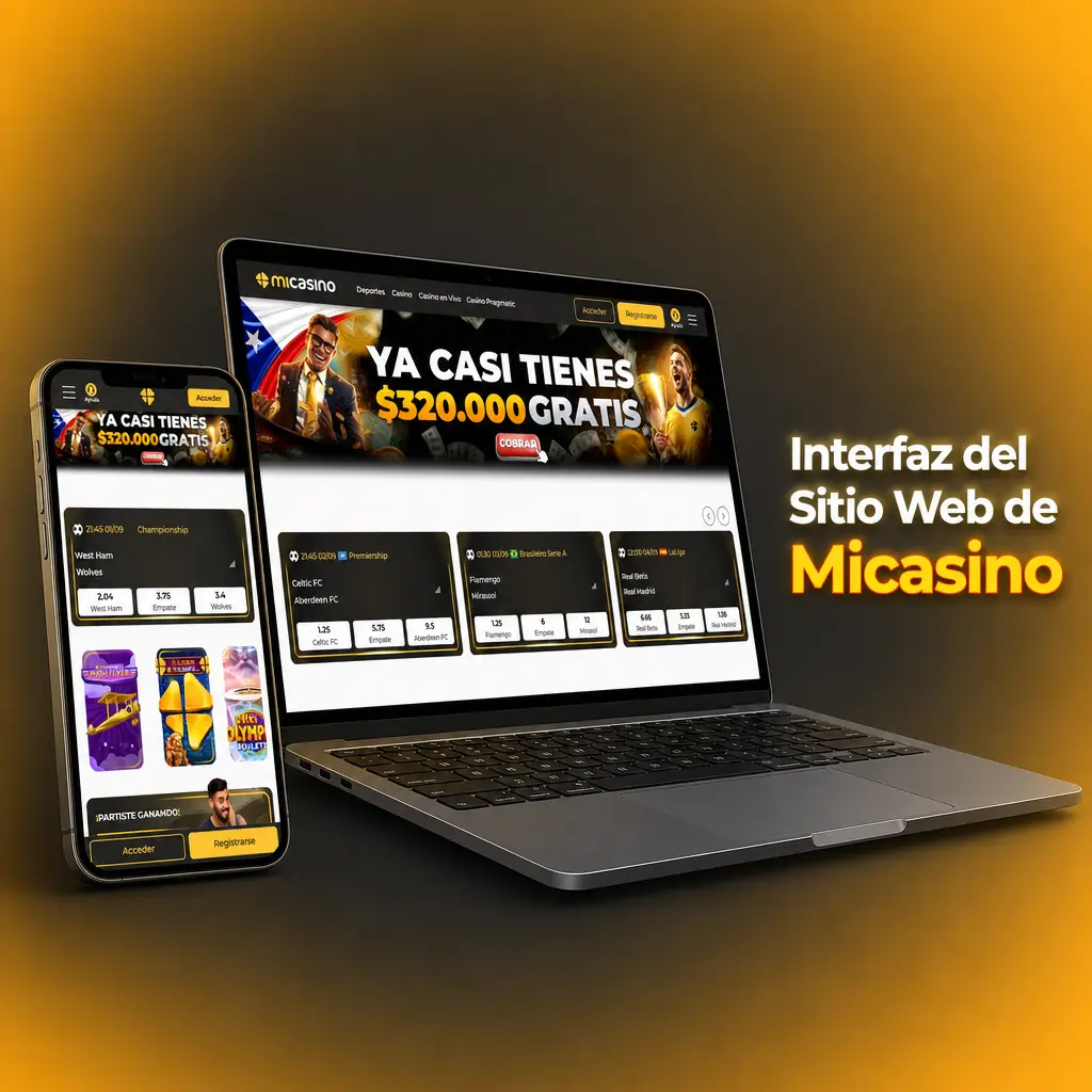 Interfaz del sitio web de Micasino con menú de Deportes, Casino, Casino en Vivo y Promociones personalizable