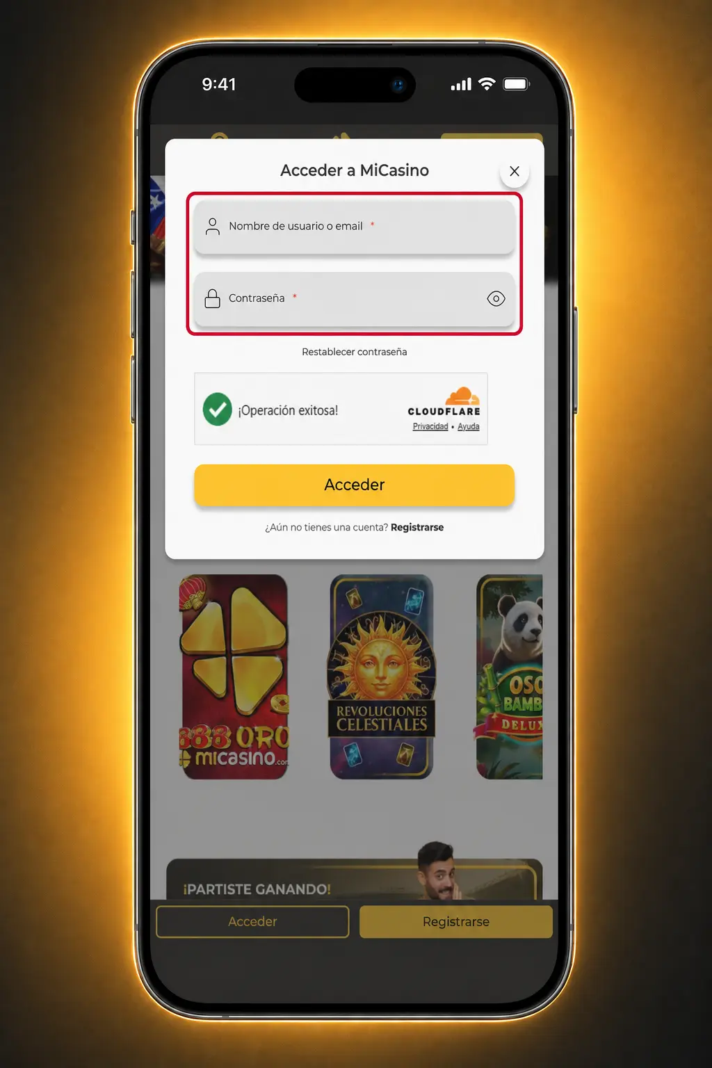 Pasos para iniciar sesión en Micasino: botón de acceso, ingreso de correo o teléfono, contraseña y código de verificación opcional.